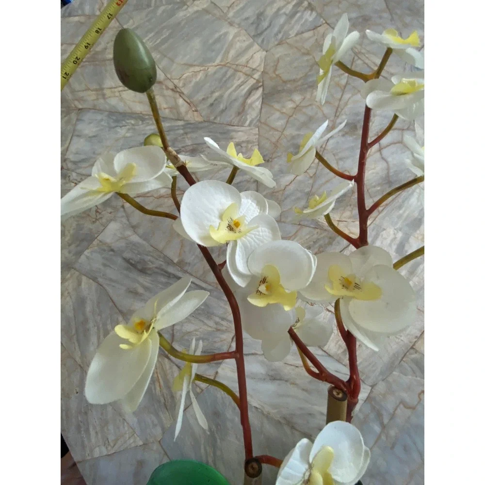 Faux White Orchid Arrangement in Iridescent Purple Ceramic Vase 22 Inch Floral